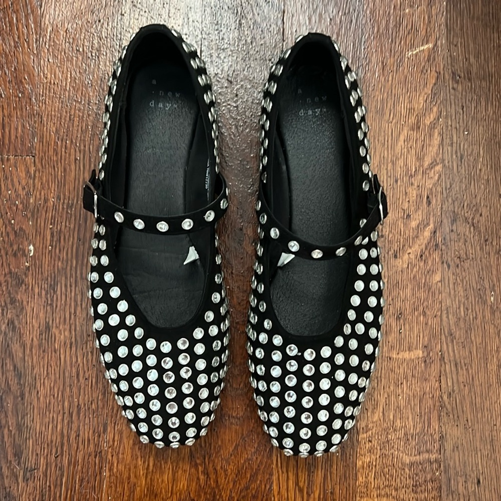 Studded Mary Jane Flats - Black with Silver Accents